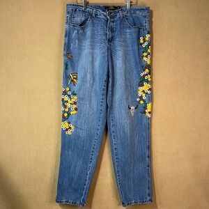 L&B Lucky&Blessed Embroidered Floral Western‎ Steer Skull Rodeo Jeans Sz12 *FLAW